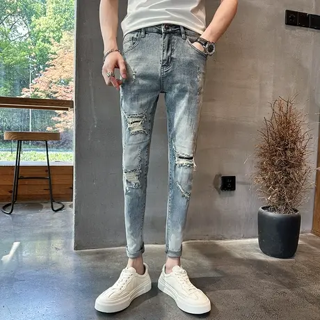 2023 夏季做旧破洞补丁铅笔裤韩版修身小脚牛仔裤男潮个性乞丐裤商品大图