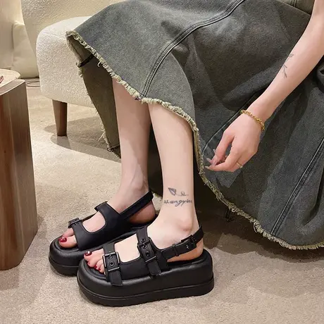 2023夏季新款一字带厚底高跟凉鞋女网红炸街高级感小众设计罗马鞋商品大图