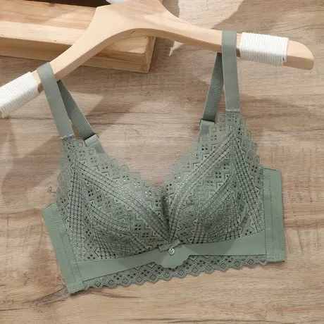 小胸平胸专用文胸加厚显大不空杯蚕丝内衣女聚拢无钢圈胸罩性感绿图片