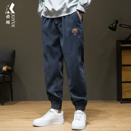 春秋灯芯绒休闲裤男款华夫格运动卫裤宽松大码春季加绒休闲九分裤商品大图