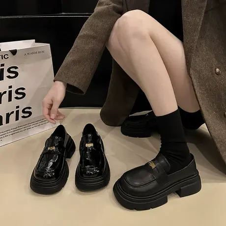 一脚蹬乐福鞋女款厚底2024春季新款复古英伦风小皮鞋黑色百搭单鞋商品大图