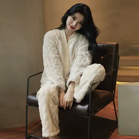 睡衣女2023年新款秋冬珊瑚绒加厚加绒网红爆款ins风法兰绒家居服商品大图