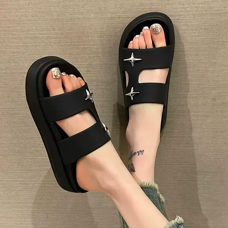 新款凉拖鞋女夏季ins潮时尚铆钉松糕厚底增高沙滩外穿防滑一字拖商品大图