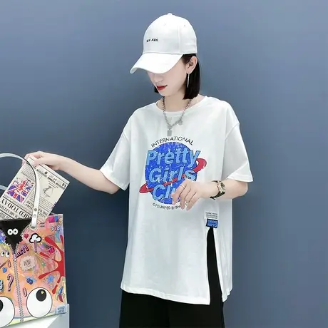 短袖T恤女士宽松2023年夏季新款开叉洋气网红爆款百搭短袖上衣潮商品大图