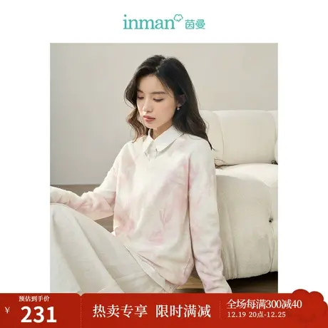 【商场同款】茵曼浅粉印花毛衣2023秋季女装新款V领长袖针织衫商品大图