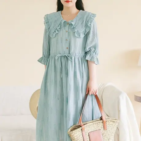 胖妹妹夏季2023仙女蓝色重工气质连衣裙加大码大翻领浪漫宽松裙子商品大图