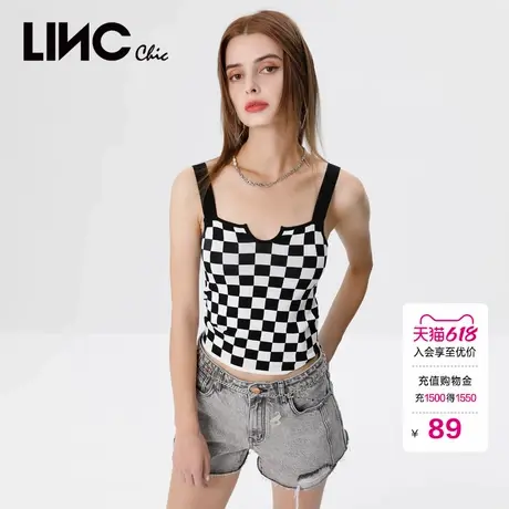 LINCCHIC金羽杰U领针织吊带棋盘格纹吊带背心女上衣S222SW629图片