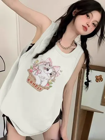 美式复古纯棉吊带运动背心无袖t恤女2024夏季外穿篮球服挂脖上衣图片
