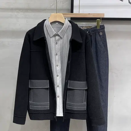 秋冬装新款短款男士毛呢夹克宽松翻领外套男休闲针织衫开衫保暖男图片