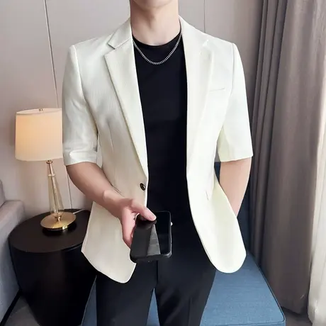 七分中袖小西装男夏季冰丝防晒外套亮丝暗纹通勤简约男士短袖西服图片
