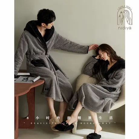 妮狄娅珊瑚绒保暖睡衣女冬季连帽睡袍男女同款时尚撞色秋冬家居服商品大图