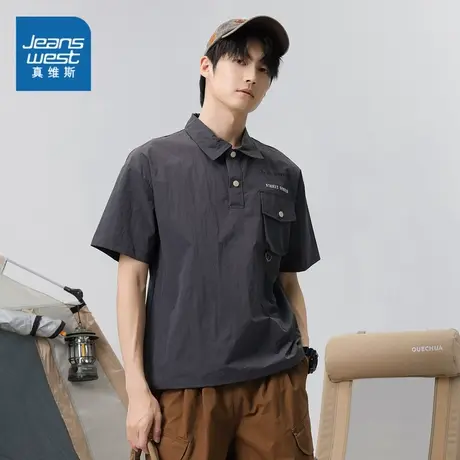 LE真维斯情侣装短袖上衣夏季翻领宽松设计感男女同款Polo衫男衣服图片