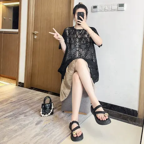 大码女装2025胖MM短袖中长款蕾丝拼接两件套夏季新款连衣裙套装图片