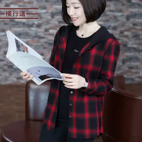 2023冬装新款格子长袖衬衫外套连帽衬衣休闲宽松女装全棉纯棉上衣商品大图