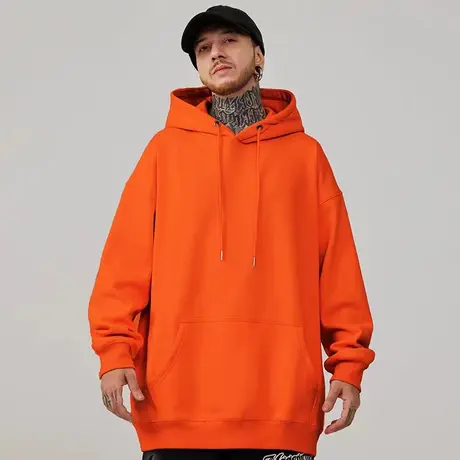 橙色重磅卫衣大码秋冬款连帽加绒胖子纯色外套男春秋潮牌宽松男生商品大图