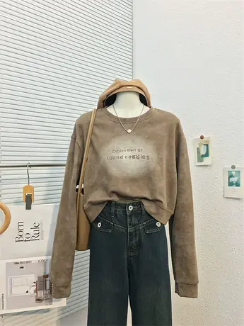 秋装2023新款圆领长袖宽松短款卫衣女春秋薄款复古小个子套头上衣商品大图