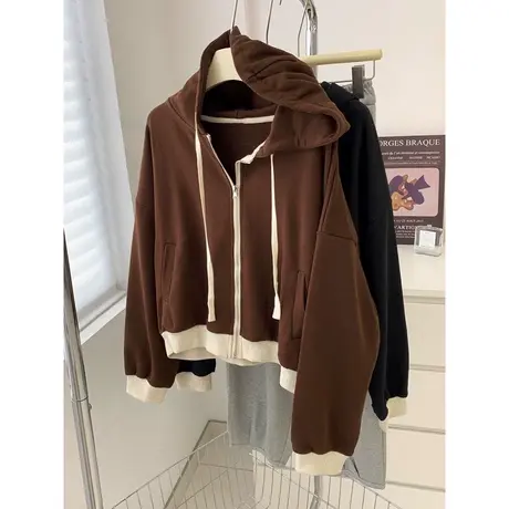 撞色连帽卫衣女秋季宽松韩版休闲百搭拉链开衫学生外套上衣ins潮商品大图