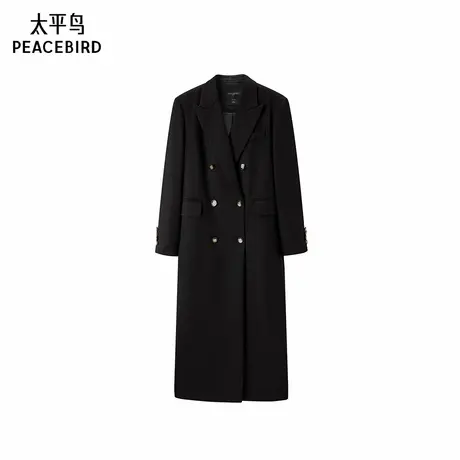 太平鸟甄毛系列时髦超长黑色西装式毛呢外套大衣女冬装冬季新款图片