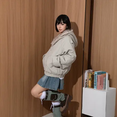 连帽大毛领棉服女冬季复古灰色棉袄2025新款设计感秋冬夹棉外套图片