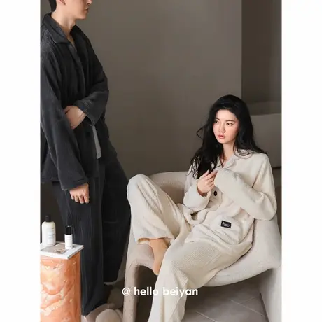 贝妍秋冬季珊瑚绒情侣睡衣华夫格男女士加厚法兰绒家居服保暖套装商品大图