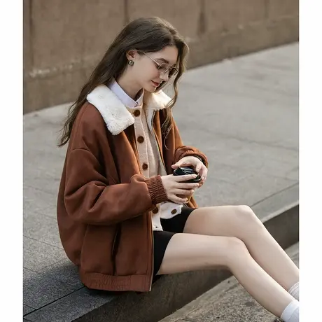 唐狮秋冬女短款外套翻领撞色拼接仿羊羔毛简约设计美拉德百搭TUTA商品大图