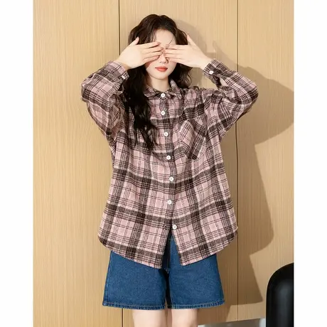 唐狮春秋新款女格纹翻领长袖衬衫设计感小众外套超好看百搭TD图片
