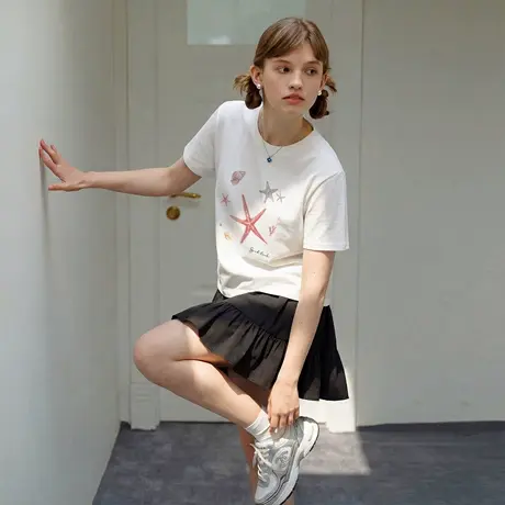 唐狮官方印花短袖t恤女2026新款夏短款半袖打底衫纯棉正肩上衣VC图片