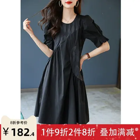 宝诗黎223夏季新款时尚简约中长款女装圆领泡泡袖棉质拼接连衣裙图片