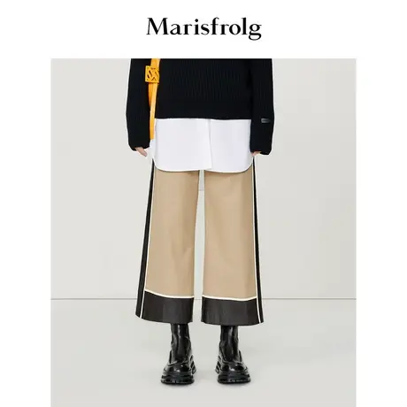 【商场同款】玛丝菲尔冬季新款卡其色PU皮撞色拼接直筒休闲裤商品大图