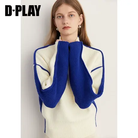 DPLAY2023冬新设计感两穿蓝色拼白慵懒风半高领宽松针织毛衣商品大图