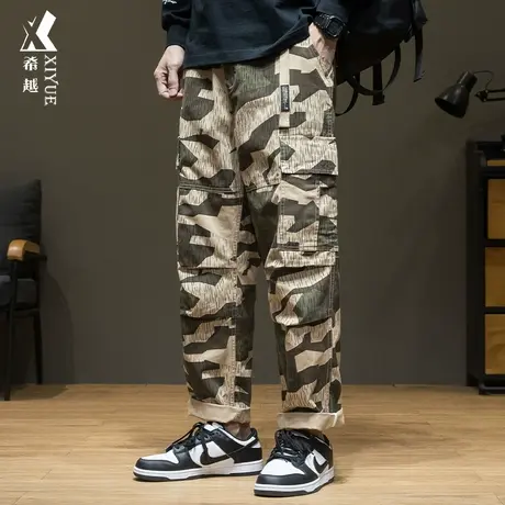 希越纯棉重磅迷彩休闲裤子男士秋冬季宽松大码美式工装直筒长裤子商品大图