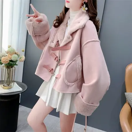 粉色立领加厚羊羔毛外套女秋冬宽松小个子高级感短款皮毛一体上衣商品大图