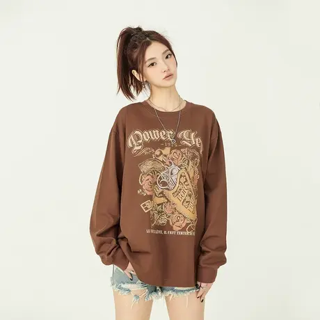 YEP美式复古玫瑰印花长袖T恤女2023新款宽松内搭上衣打底衫ins潮商品大图