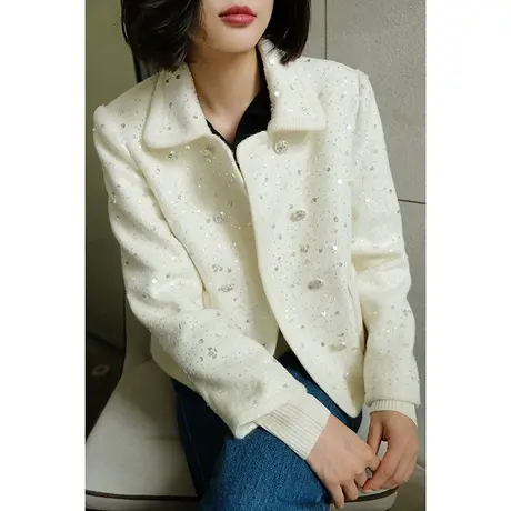 23秋冬新款女装高支澳毛亮片钉珠毛呢小香风百搭女士短外套上衣女图片