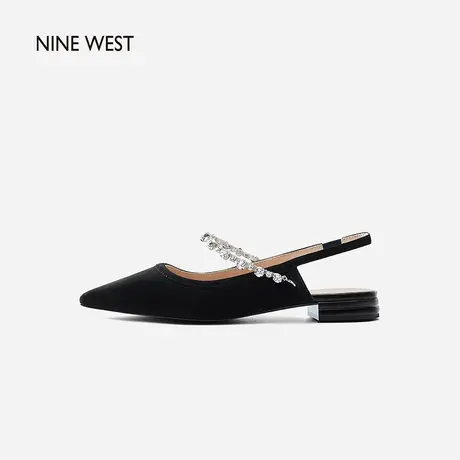Nine West/玖熙夏季新款包头凉鞋女低跟后空钻带绒面尖头鞋黑色商品大图