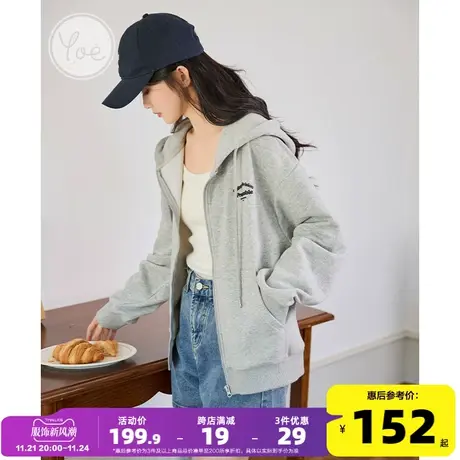 yoe灰色针织开衫美式复古连帽卫衣女小个子外套慵懒拉链上衣女装商品大图