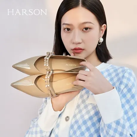 哈森真皮单鞋一脚蹬细跟尖头时装鞋约会铆钉满邦女单鞋HS222508图片