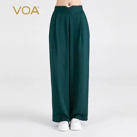 VOA孔雀绿22姆米暗纹提花桑蚕丝后松紧腰侧口袋真丝春夏阔腿长裤图片
