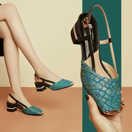 清仓独特鱼皮一字带凉鞋夏季宴会日常粗跟包头绿色真皮鞋子女图片