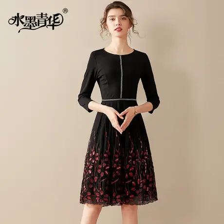 水墨青华春季新款时尚圆领绣花裙气质优雅修身网纱连衣裙图片