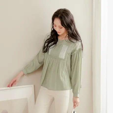 桔熊春秋季韩版浪漫小衫镂空蕾丝拼接宽松百褶上衣女大码AB14624商品大图