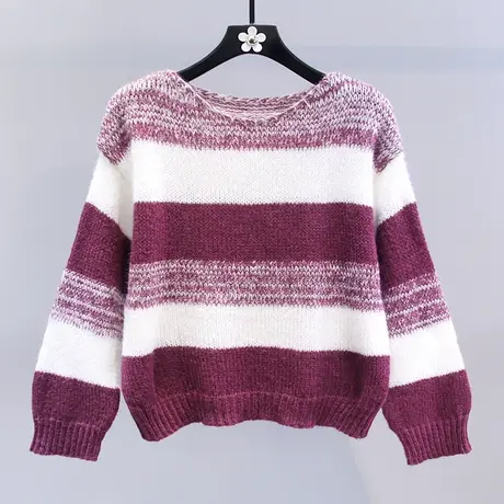 撞色条纹紫色毛衣女秋冬2023新款韩版宽松慵懒风洋气减龄针织衫图片