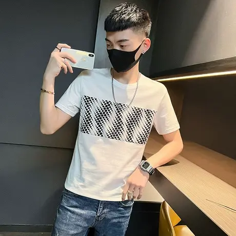 夏季男士t恤短袖修身半袖潮流圆领波点图案印花休闲潮牌学生体恤商品大图