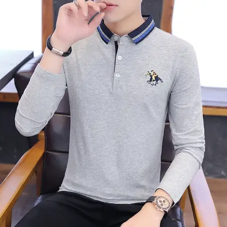 纯棉2022新款春秋有领长袖t恤潮流青年上衣服带领翻领男士polo衫商品大图