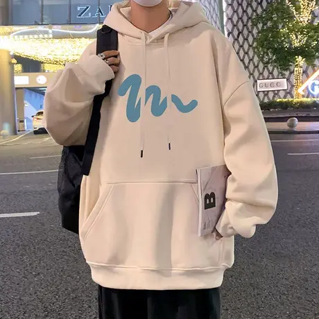 纯棉宽松连帽卫衣男春秋季新款加绒保暖上衣男生外套美式潮流帽衫商品大图