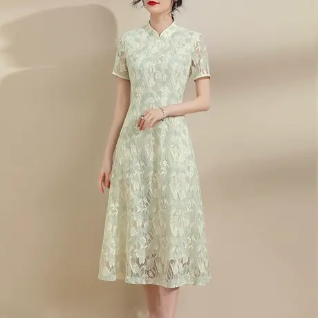 水墨青华2023夏季新款立领优雅改良中国风旗袍百搭素雅蕾丝连衣裙图片