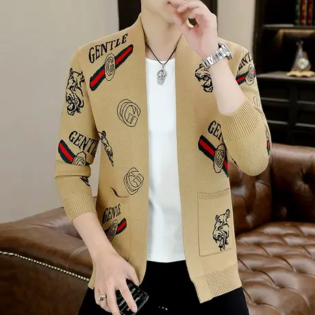 秋季个性帅气毛衣外套男士潮牌针织开衫时尚潮流提花虎头线衣披风图片