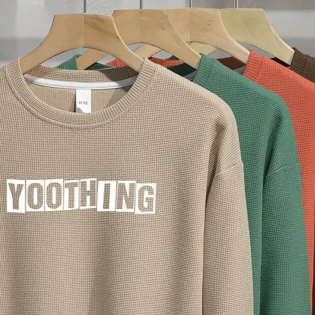 华夫格圆领卫衣男2024新款字母印花套头无帽长袖t恤宽松潮流百搭商品大图