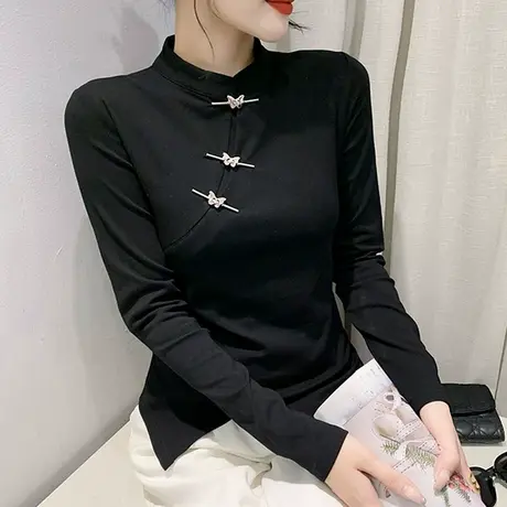 复古立领长袖T恤女士春秋内搭加厚磨毛打底衫气质不规则开叉上衣商品大图
