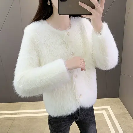 小个子针织开衫女厚秋冬新款很仙的短款慵懒风粉色水貂绒毛衣外套图片